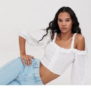 [NWT] Zara White Off the Shoulder Ruffle 100% Cotton Poplin Crop Top Sz XS